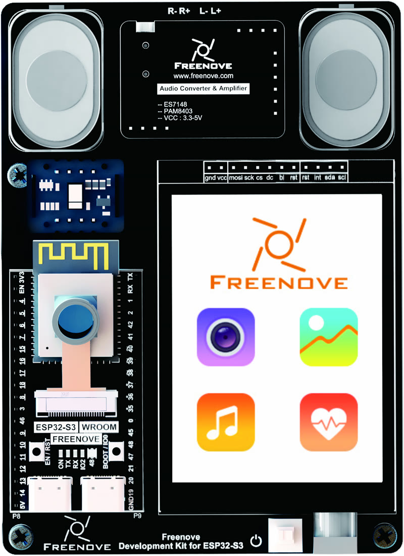 Freenove ESP32-S3 FNK0086 development kit — front view showing the 2.8 inch touchscreen LCD, speaker grille, and component layout